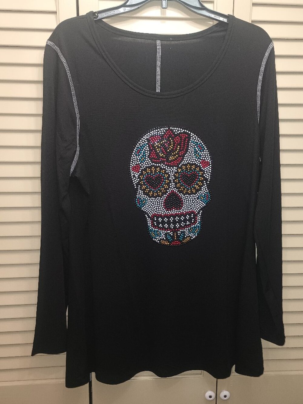 One World Black Long Sleeve Sugar Skull Top Sz L